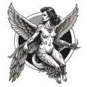  Nude demonic Angel with wings like blades sitting inside a half moon tattoo design idea