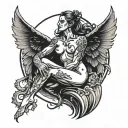  Nude demonic Angel with wings like blades sitting inside a half moon tattoo design idea