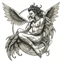  Nude demonic Angel with wings like blades sitting inside a half moon tattoo design idea