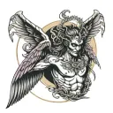  Nude demonic Angel with wings like blades sitting inside a half moon tattoo design idea