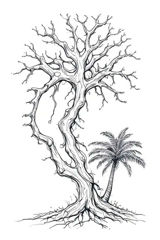 neuron on one end and palm tree on other end tattoo design idea
