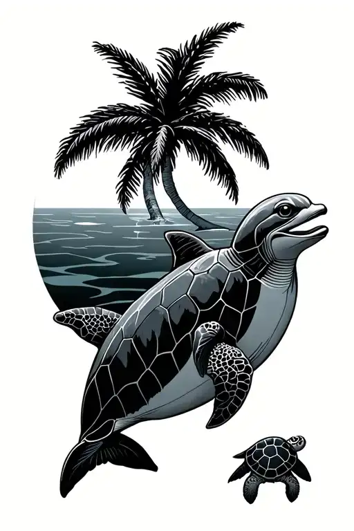 palm tree dolphin turtle tattoo design idea