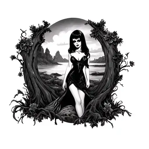 A black and grey realism tattoo design showing a moody gothic landscape. A pin-up style woman inspired by Elvira stands  tattoo design idea