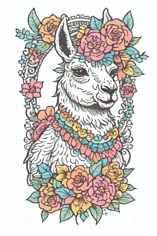 colorful llama with flower crown knitting a blanket tattoo design idea