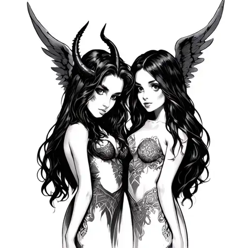 devil girl and angel girl tattoo design idea