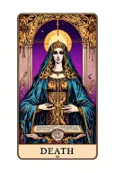 tarot cards death, the empress and high priestess stacked deep colors. non defined edges where the concepts flow  tattoo design idea