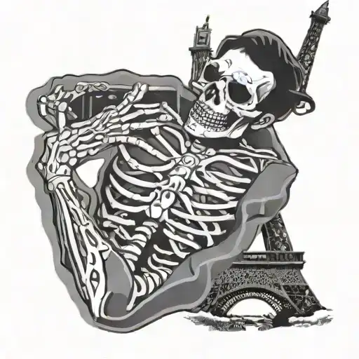 skeleton man taking selfie in front of the eiffel tower tattoo design idea
