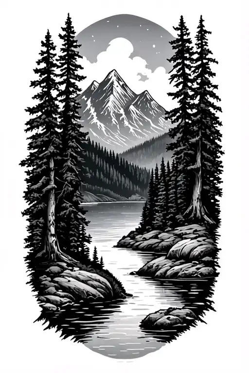 mountain scene with trees, river, lake tattoo design idea