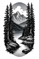 mountain scene with trees, river, lake tattoo design idea