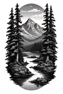 mountain scene with trees, river, lake tattoo design idea