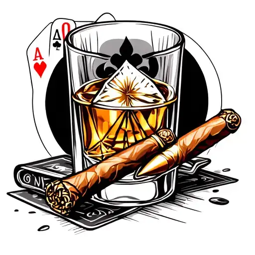 whiskey glass with bullet cigar and playing cards tattoo design idea
