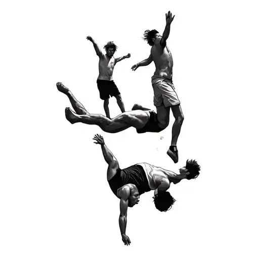 geometrical Tatoo of 20 year old with a mullet and pitvipers doing backflip off rock jumping with his friends and family tattoo design idea