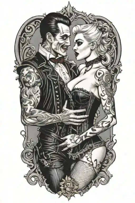 realistic scene of a gothic pinup girl in a corset and fishnets being bitten by a male vampire tattoo design idea