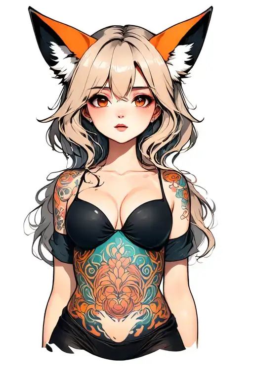 Girl with big breasts, sperm flows with fox ears tattoo design idea
