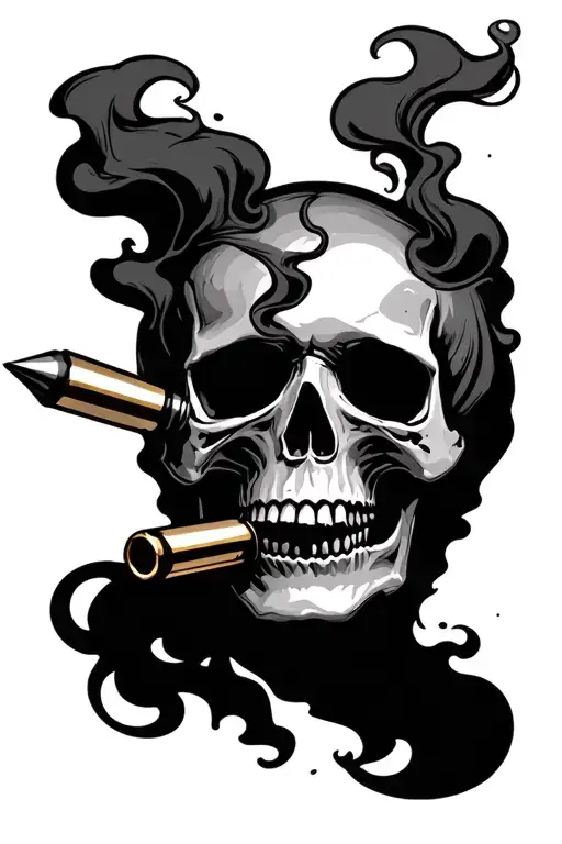 skull with smoke forming and a bullet in the mouth tattoo design idea