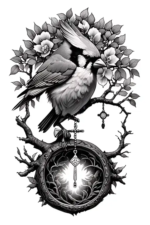 cardinal, rosary, tree of life you will remember tattoo design idea