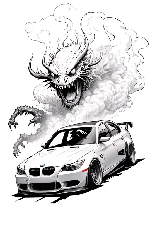 BMW e60 drift, lots of smoke, monsters in the background tattoo design idea