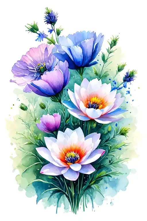 Flowers, Cosmos poppy jonquil larkspur water lilly carnation tattoo design idea