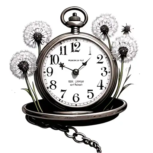 A faded vintage pocket watch, with the numbers on the dial misplaced (e.g. 12 and 3 swapped), the hands stopped at the date your self-injury stopped, and dandelions growing from the broken part of the bracelet tattoo design idea