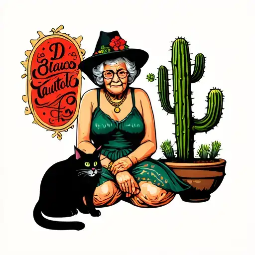 A grandmother on a flesh with a black cat on the knees and a cactus at his feet in old school or tradition tattoo design idea