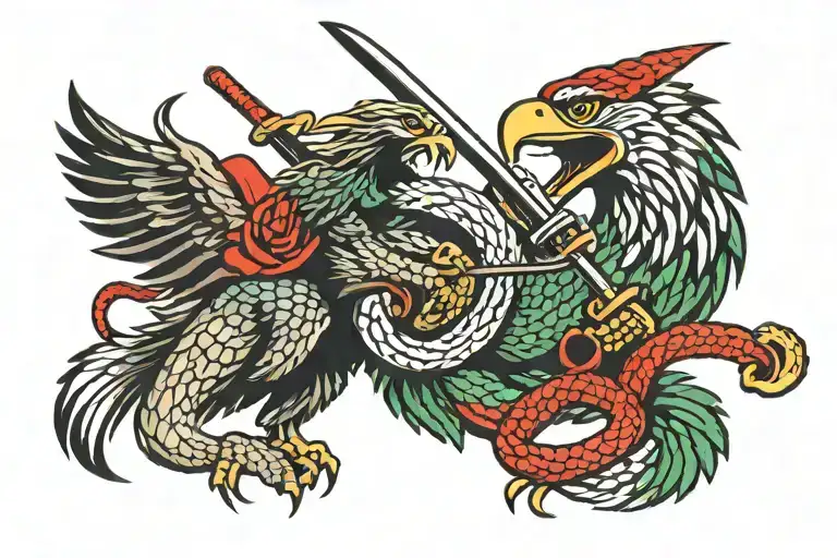 Mexican flag logo with the eagle hunting the snake. Instead, it's a Japanese samurai stabbing a snake with katana tattoo design idea