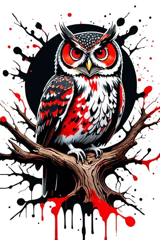 Owl sitting on an old tree growing tattoo design idea
