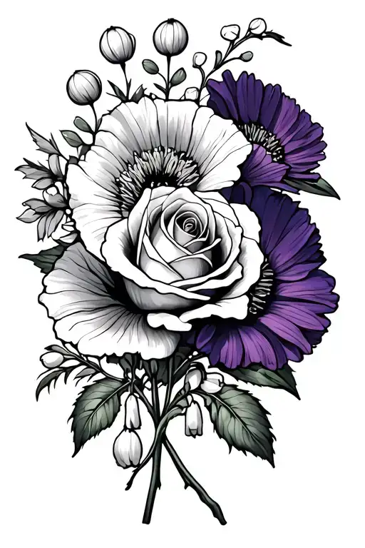 Rose ,carnation ,violet,marigold,narcissus,lily of the valley ,Delphinium ,poppy,and asters flowers  tattoo design idea