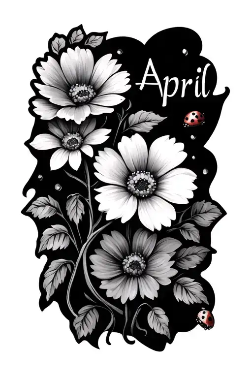 flowers that represents the month "april" along with flowers and vines that represent love and lady bugs tattoo design idea