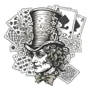 mad hatter with playing cards surrounded tattoo design idea