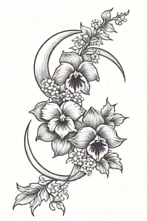 violets, larkspur flower, crescent moon tattoo design idea