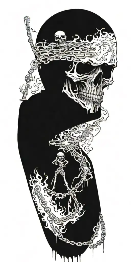 The gates of hell, a very realistic reaper, people in chains, fire, smoke, comets tattoo design idea