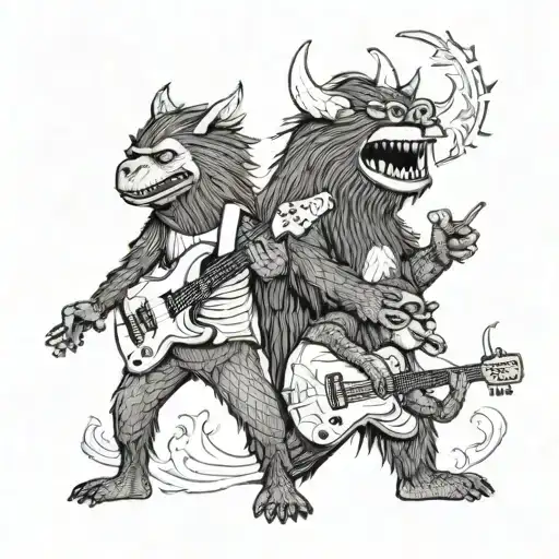 Characters from the book “where the wild things are” dancing in a line with guitars playing music tattoo design idea
