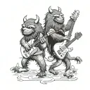 Characters from the book “where the wild things are” dancing in a line with guitars playing music tattoo design idea