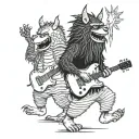 Characters from the book “where the wild things are” dancing in a line with guitars playing music tattoo design idea