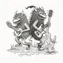 Characters from the book “where the wild things are” dancing in a line with guitars playing music tattoo design idea