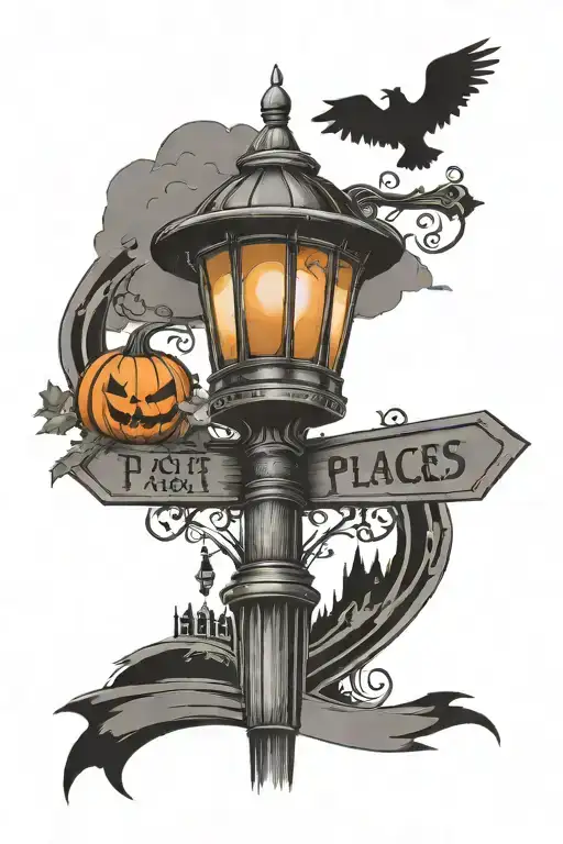 lamp post with directional signs to places pumpkin on the ground tattoo design idea