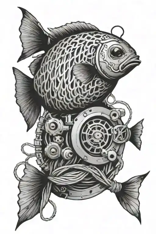 engine, aquarium fish, ball of yarn with knitting needles tattoo design idea