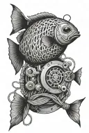 engine, aquarium fish, ball of yarn with knitting needles tattoo design idea