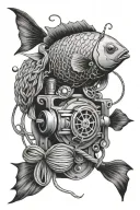 engine, aquarium fish, ball of yarn with knitting needles tattoo design idea