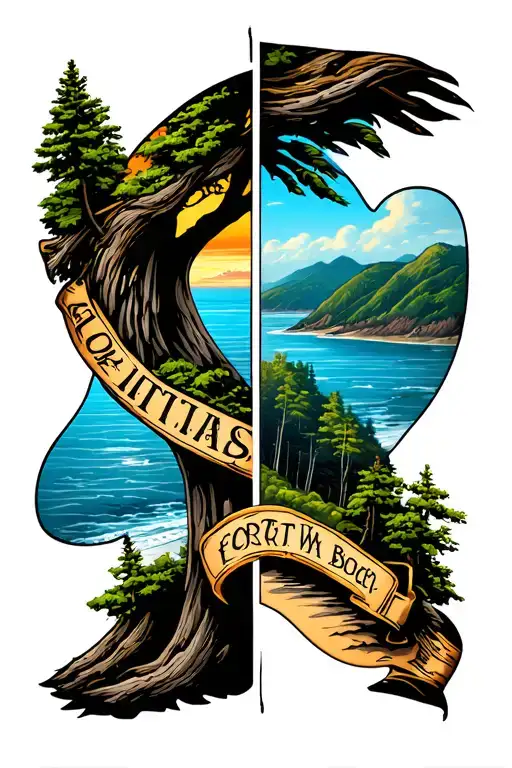 split scene color tattoo. one scene of fort walton beach, the other scene of blue ridge mountains Tennessee  tattoo design idea