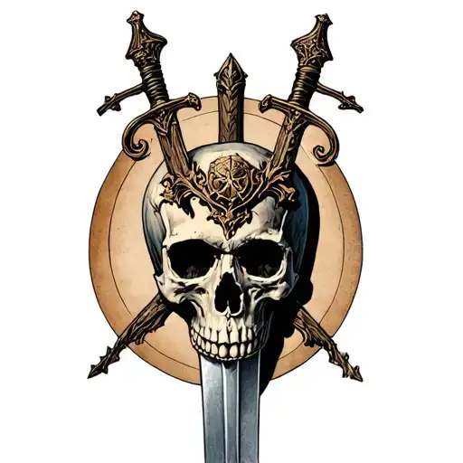 a sword of damocles that crosses a skull tattoo design idea
