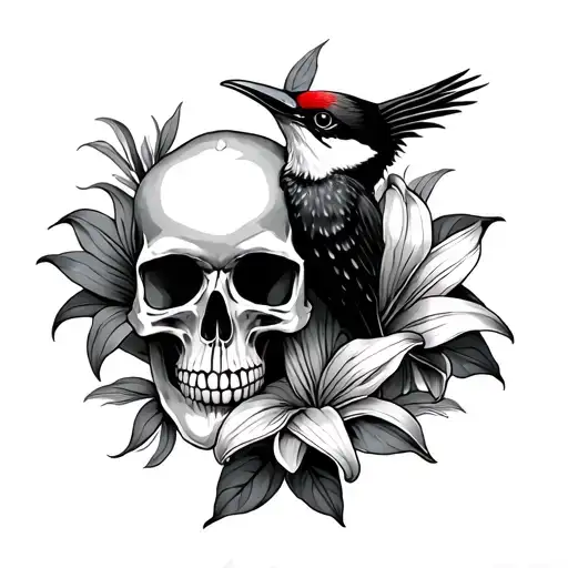 skull, lilies, woodpecker tattoo design idea