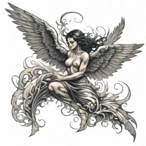 A dark angel with wings made of swirling smoke tattoo design idea