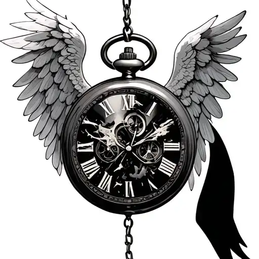 Destroyed pocket watch which is in front of hanging angel wings tattoo design idea