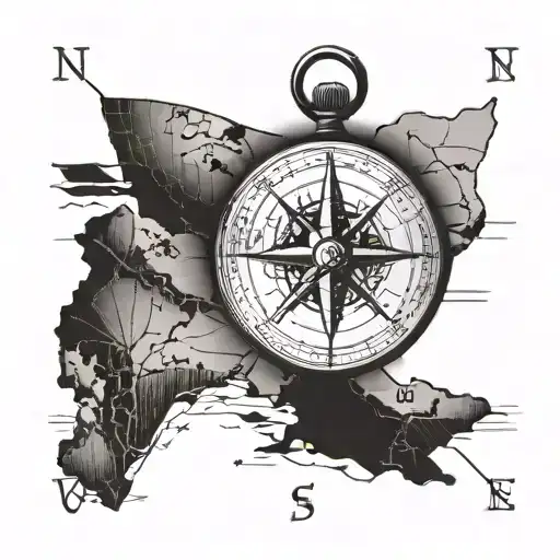 A minimalist compass tattoo with a map of New England in the background in blackwork style tattoo design idea