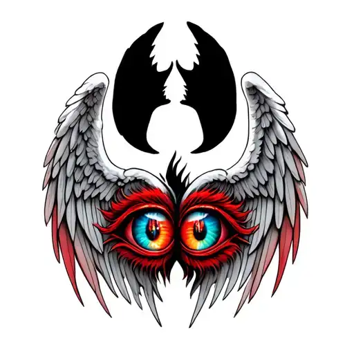 create the dark fantasy upper back tattoo design showing angel wings that form devil eyes in full color. tattoo design idea