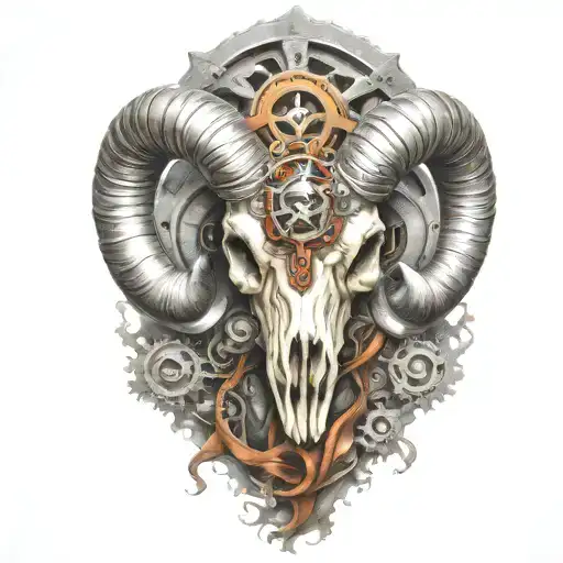 rocky mountain ram skull,  horns become exaust pipes, tattered ribbon, gears, airbrushed, chrome, only ribbon colored tattoo design idea