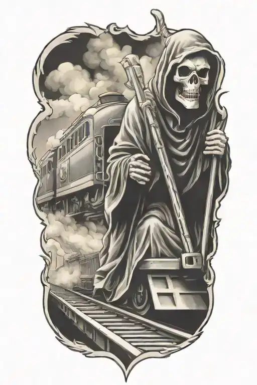 evil grim reaper with a train in the background  tattoo design idea