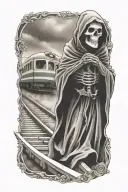 evil grim reaper with a train in the background  tattoo design idea