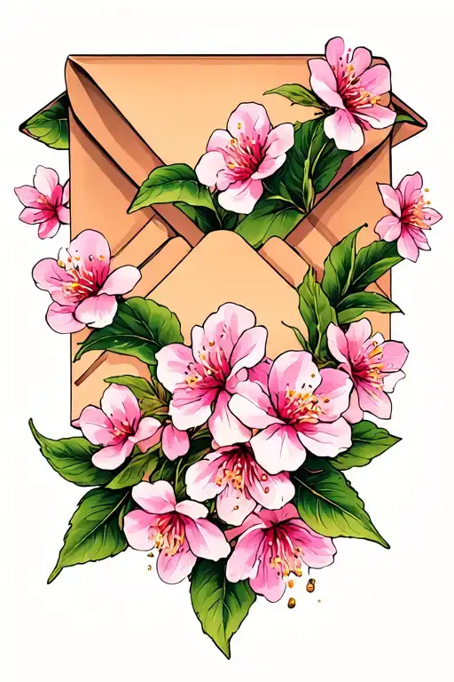 sealed envelope with cherry blossoms pedals falling tattoo design idea